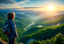 Un niño de espaldas en la cima de una montaña, observando un vasto valle al atardecer. La escena transmite la serenidad de la Ley Divina o Natural a través de la belleza de la creación.