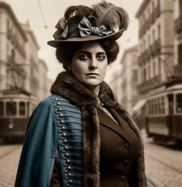 Recreación artística de Agustina González López, la médium y pensadora de Granada, caminando por la ciudad con tranvías de fondo a principios del siglo XX.