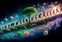 Línea evolutiva simbólica del espíritu a través de distintas formas de vida, desde el átomo.