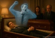 Imagen de un cuerpo en un féretro con su espíritu despertando, mientras los familiares velan al difunto, representando la turbación y el regreso a la vida espiritual.